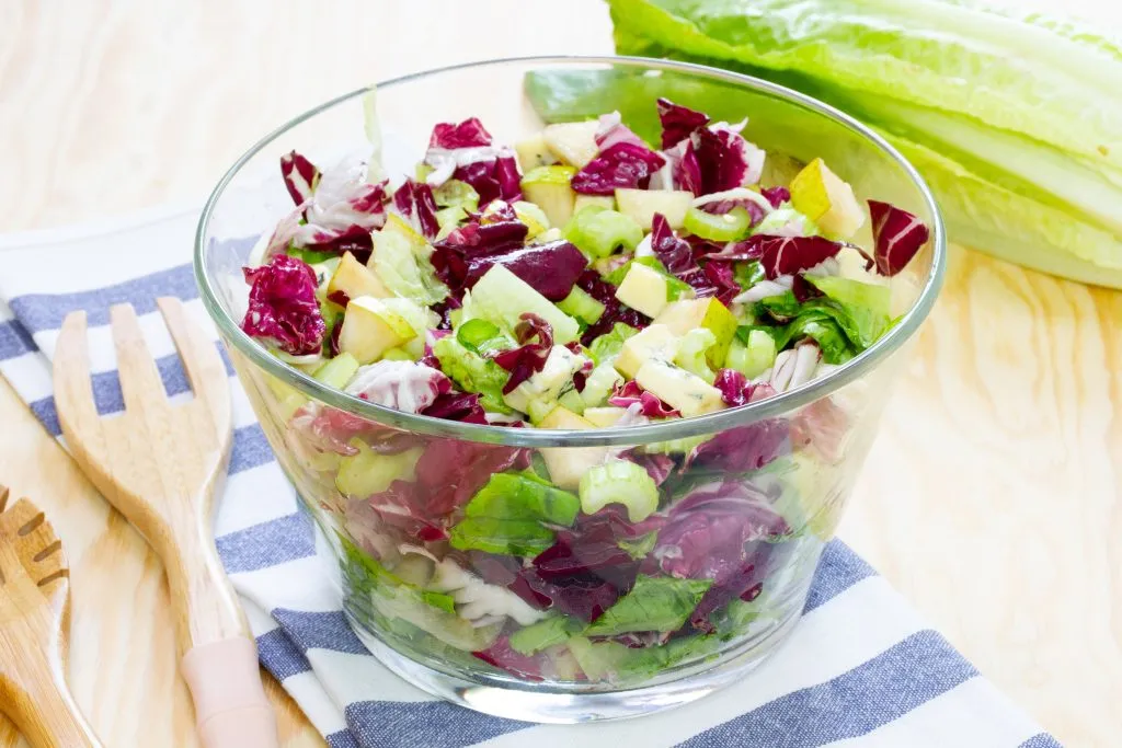 Lettuce with cheese and pear