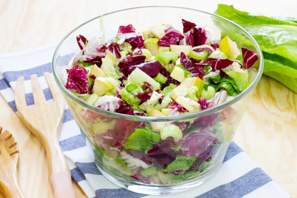 Lettuce with cheese and pear