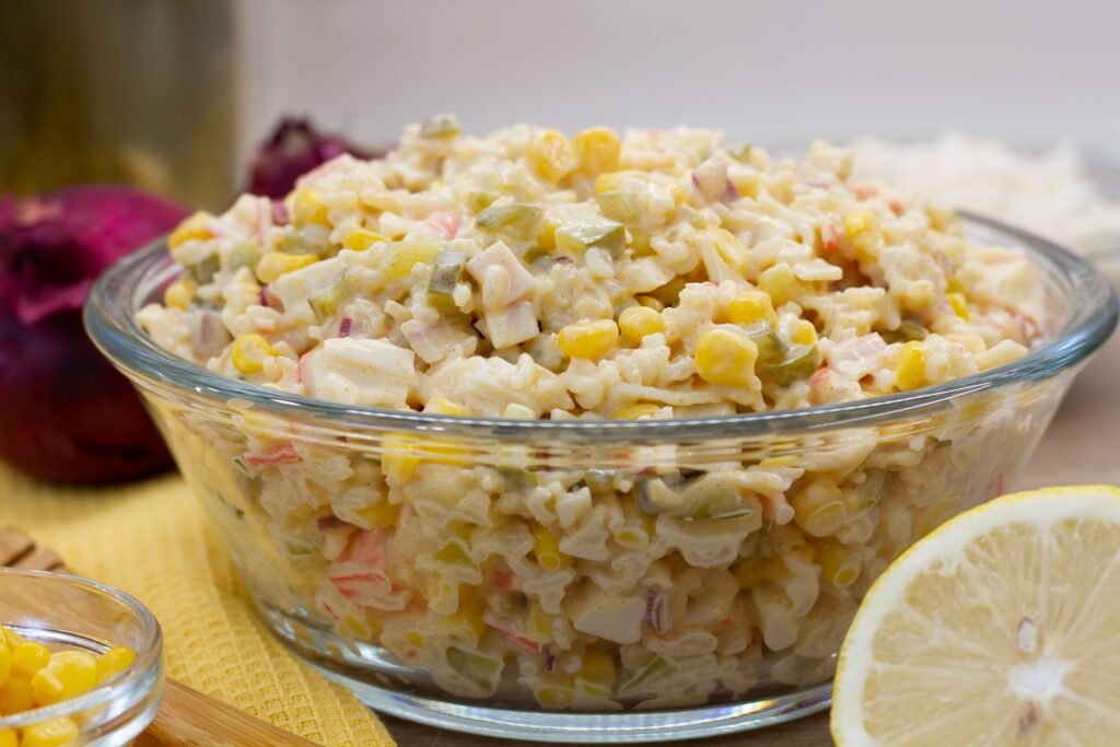 Recipe for salad with crab and rice