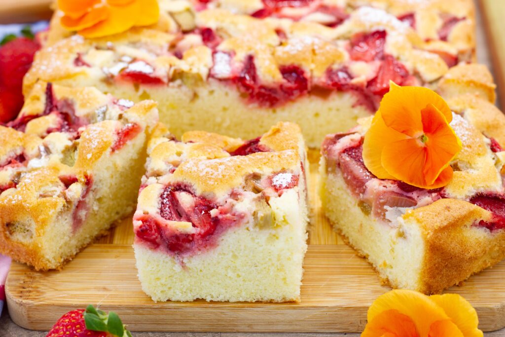 Homemade rhubarb and strawberry cake – fluffy, fruity, and full of seasonal flavour.