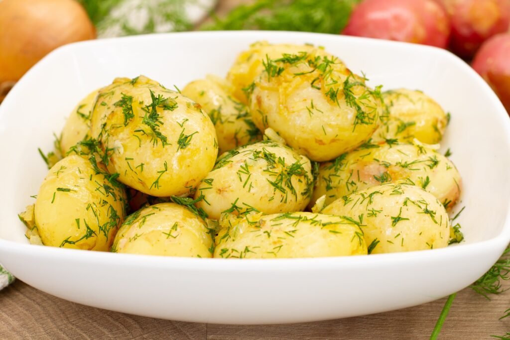 Boiled potatoes garnished with fresh dill