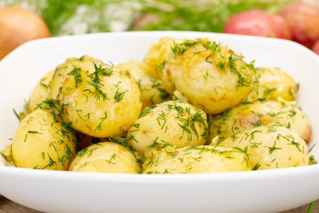 Boiled potatoes garnished with fresh dill