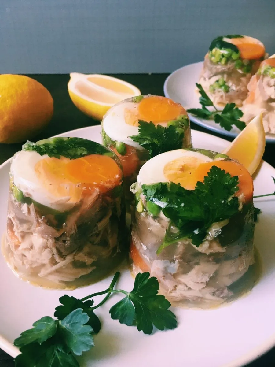 Chicken jelly with egg and veg
