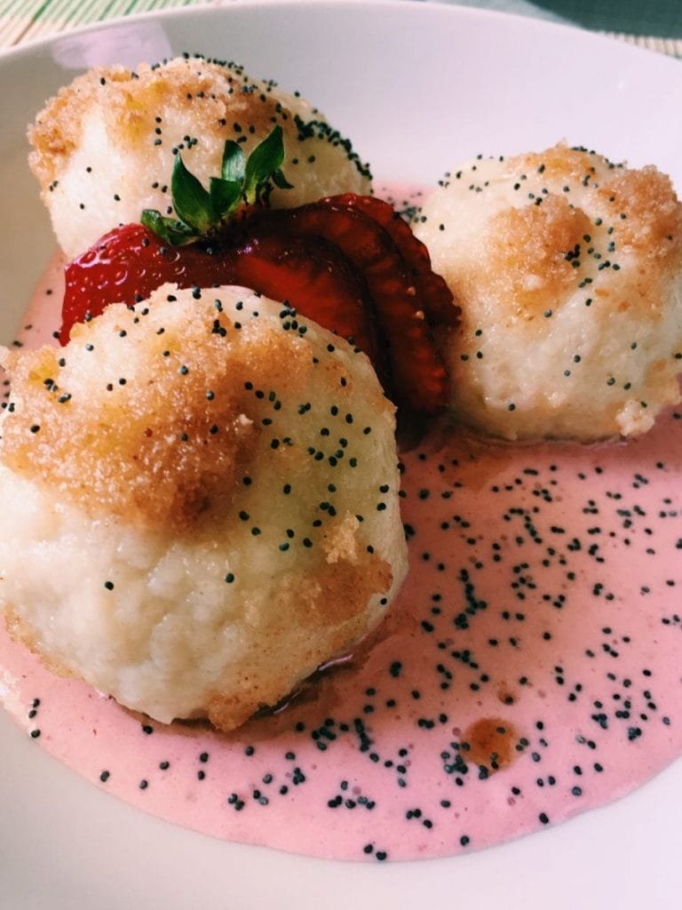 Potato dumplings with strawberries