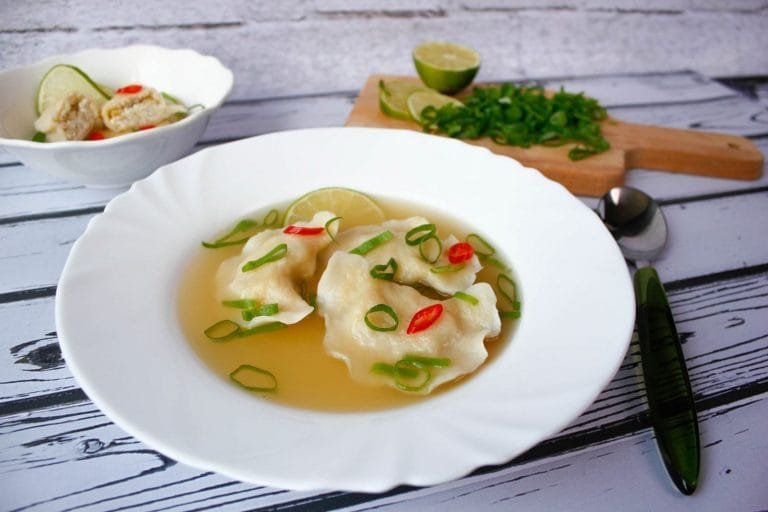 Dumplings with quinoa in duck broth