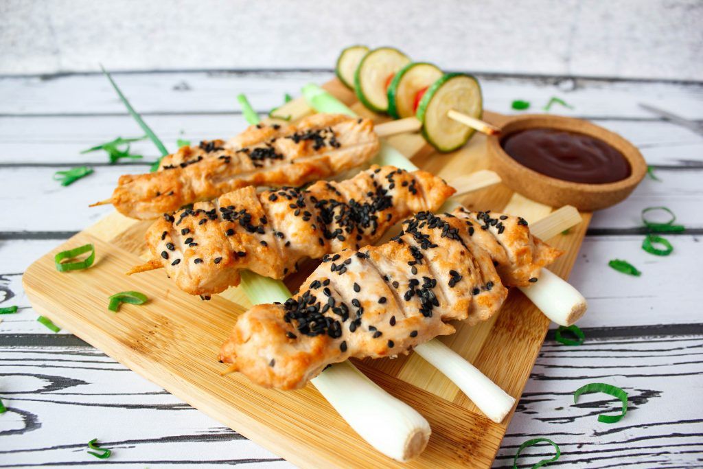 Juicy and tender chicken kebabs in yogurt and peanut marinade