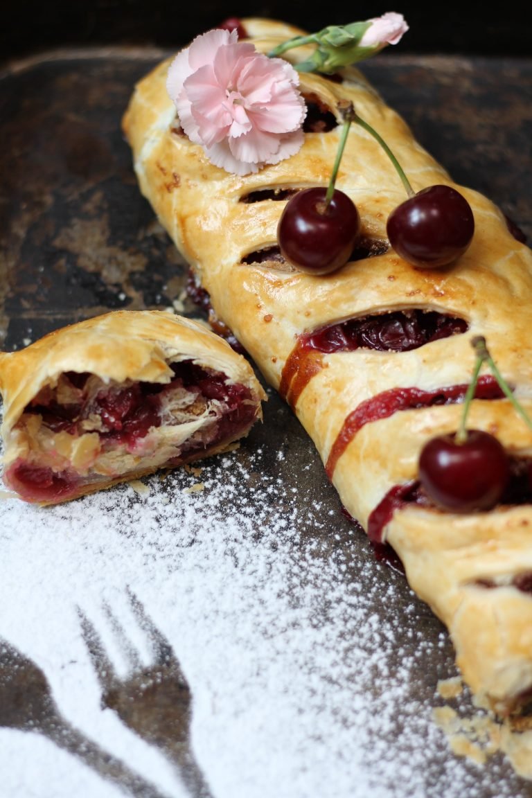 Cherry roulade on puff pastry