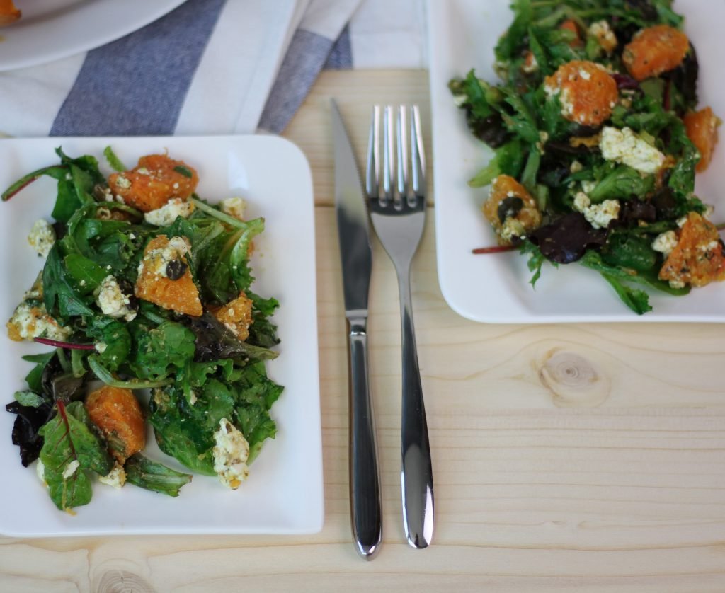 Pumpkin and goat cheese salad with pumpkin seeds