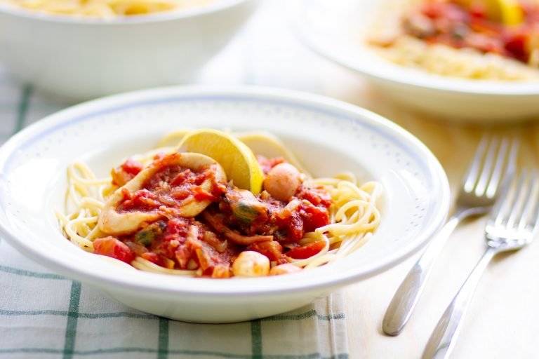 Seafood and pasta in tomato sauce