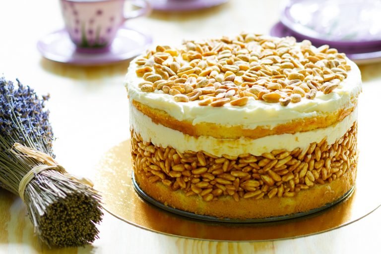 White lion cake with puffed rice
