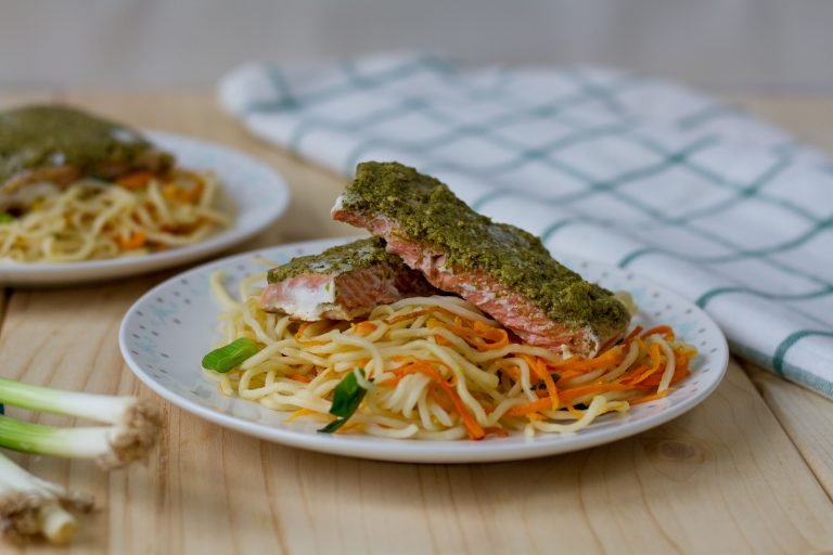 Poached salmon with noodles