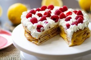 Pancake cake with fruits and lemon curd