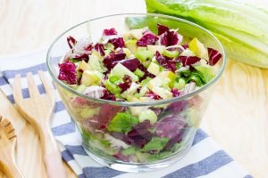 Lettuce with cheese and pear