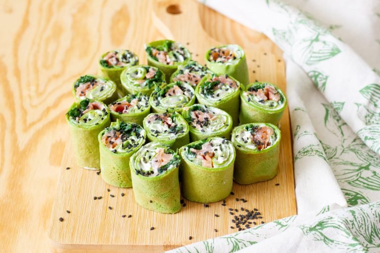 Homemade crêpe rolls with salmon