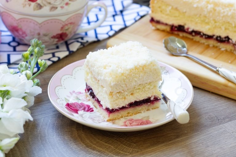 Cake with coconut cream and blackcurrant