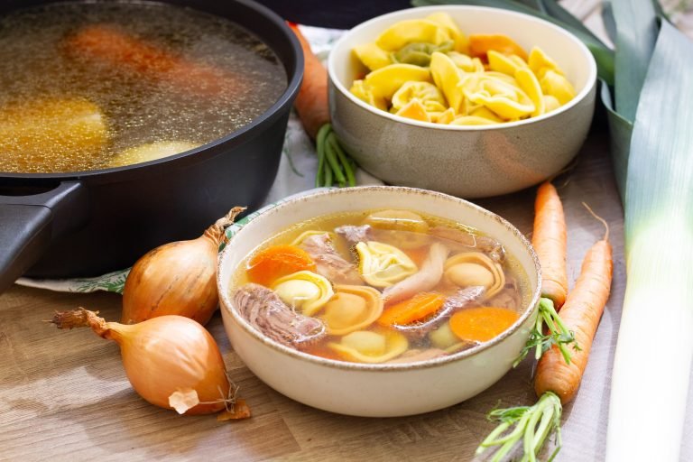 Homemade broth with tortellini