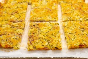 Zucchini scarpaccia with crispy skin, served warm or cold